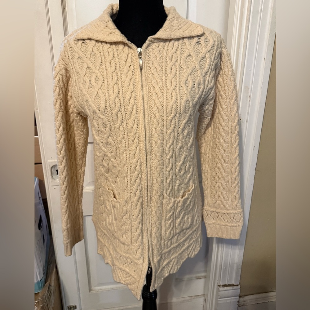 Aran Crafts Cardigan Womens Medium Zip Up Cable Knit Merino Wool Pockets Hooded